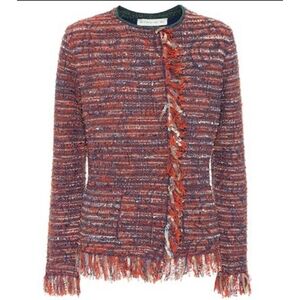 ETRO Red Blue Ivory Tweed Fringe Open Front Jacket Cardigan Pair W/ Denim 42/8
